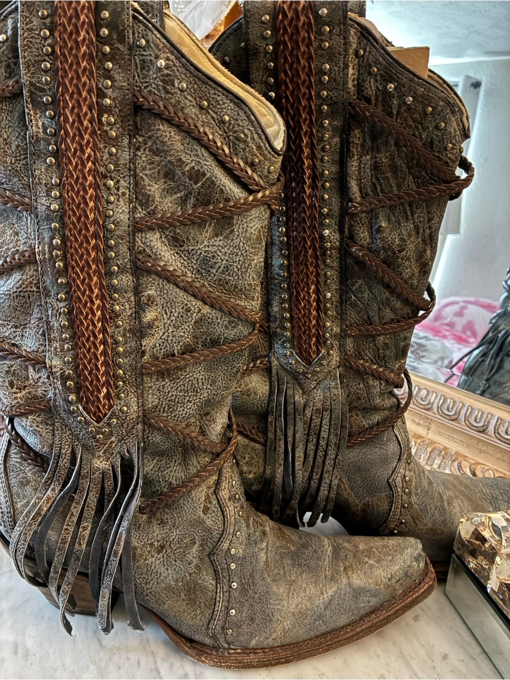 Corral Distressed Brown Fringe Studded Leather Heeled Boots
